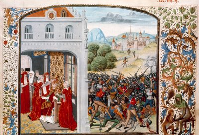 Hundreårskrig: "" Pave Gregoire XI (1329-1378) kronet Avignon i 1370. Slaget ved Pontvallain mellom fransk og engelsk 4.12.1370"" Miniatyr fra "Chronicles"" av Jean Froissart (1337-1400) Paris fra 1400-tallet. B.N. av Unknown artist