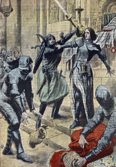 Hundreårskrigen: «Representasjon av den franske heltinnen Jeanne d#39;Arc (1412–1431) som hindrer soldatene til Karl II d#39;Albret i å plyndre kirken Saint-Pierre-le-Moutier, Nièvre-Burgund, 11. april 1429» (fransk heltinne Jeanne d#39;Arc som kjemper mot av Unknown Artist