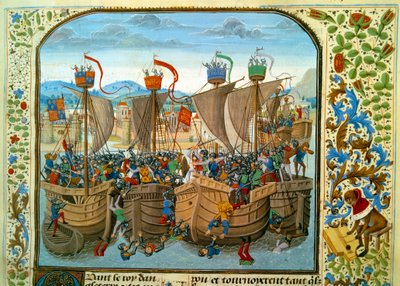 Hundreårskrig: "" Sjøslaget ved Ecluse, Sluis (Nederland) 20.06.1340 som motarbeidet franskmannen Philippe VI av Valois mot engelskmennene til Edward III"" Miniatyr hentet fra "Chronicles"" av Jean Froissart (1337-1400) 1400-tallet. Paris. B.N av Unknown artist