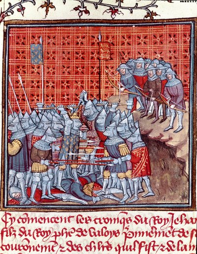 Hundreårskrig: "" Kongen av Frankrike Johannes II den gode (1319-1364) under et slag""" Miniatyr hentet fra "" Les grandes Chronicles de France""" av Jean Froissart (1337-1400) Chantilly fra 1300-tallet , Musee Conde av Unknown artist