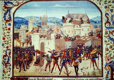 Hundreårskrigen: posen til byen Aubenton i Picardie av grev Jean de Hainaut i 1340. Miniatyr fra «Chronicles» av Jean Froissart (1337-1400) Paris. BN av Unknown artist