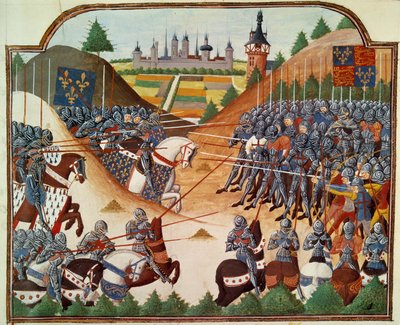 Hundreårskrig: slaget ved Formigny (Calvados) 15.04.1450 mellom den engelske hæren til Thomas Kyriell og Jean de Clermont. Miniatyr belyst fra manuskriptet "" Vigiles du roi Charles VII"" i kronikkene til Jean Chartier, redigert av Mar av Unknown artist
