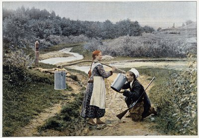 Jeger og jente ved fontenen (Russland) - fotografering, sent på 1800-tallet av Unknown artist