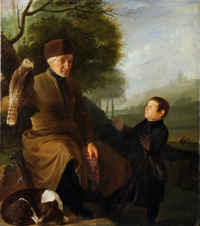 Jeger med falk. Portrett av prins Platon Alexandrovich Zubov (1767-1822) og Ivan Andreevich Yakubovsky (1770-1864), Anonym. Olje på lerret, slutten av 1810-tallet, Statens museum for arkitektur, historie og kunst, Vladimir av Unknown artist