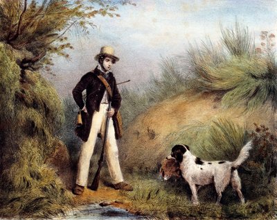 Jeger med hunden sin. 1800-tallstrykk. Gien, jaktmuseum av Unknown artist
