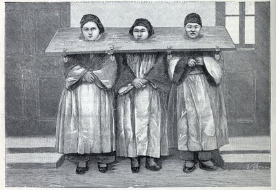 Jakt i Kina: cangue, et plageapparat (en slags søyle) gjelder barnemordsmødre. Gravering i "" La Nature"" av Unknown artist