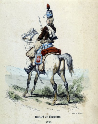 Hussard de Chamborant a 1793 til hest. av Unknown artist