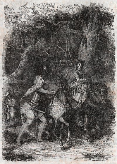 Hypalca Arreted by Rodomont - 1851 gravering fra "" Furious Roland"" (Orlando furioso) (1500-tallet) av Ludovico Ariosto, kjent som Ariosto - Utgave oversatt fra italiensk av greven av Tressan og utgitt av Gustave Harvard 1851 av Unknown artist