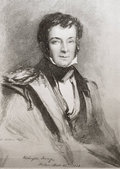 IRVING, Washington (1783–1859). Amerikansk forfatter og historiker. Portrett laget i Sevilla (1828). Litografi. av Unknown artist
