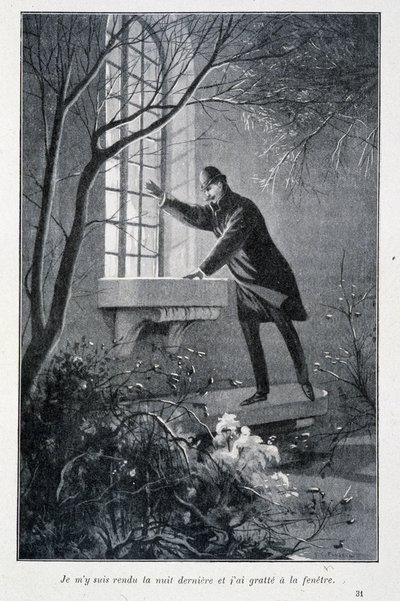 Jeg gikk i går kveld og skrapte i vinduet, illustrasjon i Conan Doyles "The Permiers Exploits of Sherlock Holmes". Sd. rundt 1890 av Unknown artist