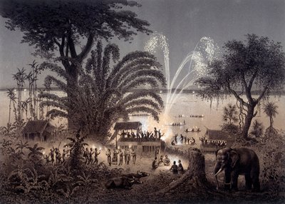 Belysning av elven under festivalen i Bassac, Siamese Laos. I "" Atlas over letereisen i Indokina utført i årene 1866-1868"" publisert under ledelse av F. Garnier 1873. av Unknown artist