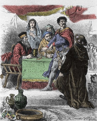 Illustrasjon for «Ivanhoe» av Walter Scott (1771-1832), skotsk forfatter: Ivanhoe blir utfordret av den saksiske ridder Brian de Bois Guilbert. av Unknown artist