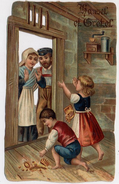 Illustration for the tale of the brothers Grimm “Hansel and Gretel””: Hansel and Gretel returned to their homes, gave their parents the jewels they had had. Chromolithography of the late 19th century. av Unknown artist