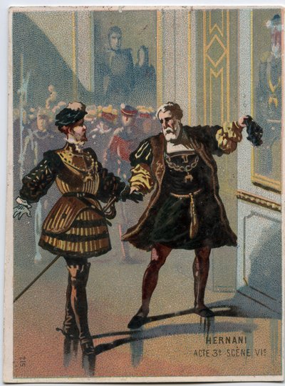 Illustrasjon av "" Ernani" av den italienske komponisten Giuseppe Verdi (1813 - 1901), akt 3, scene VI opera opprettet i 1844 etter tragedien "" Hernani"" av Victor Hugo. Kromolitografi fra slutten av 1800-tallet. av Unknown artist