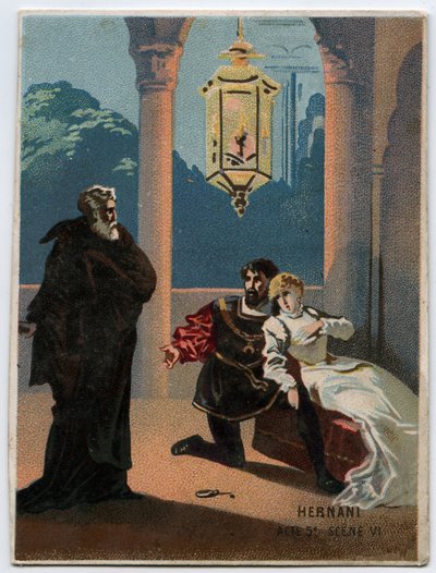 Illustrasjon av "" Ernani" av den italienske komponisten Giuseppe Verdi (1813 - 1901), akt 5, scene VI opera opprettet i 1844 etter tragedien "" Hernani"" av Victor Hugo. Kromolitografi fra slutten av 1800-tallet. av Unknown artist