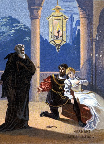 Illustrasjon av "Ernani" av den italienske komponisten Giuseppe Verdi (1813 - 1901), akt V, scene 6, opera laget i 1844 etter Victor Hugos tragedie "Hernani". kromolitografi fra slutten av 1800-tallet.. av Unknown artist