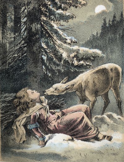 Illustrasjon av Franz Hoffmanns fortellinger “” Tales and Fables - Von Weifsh¿ndchen und breitf¿fschen””: en jente besvimte i snøen og en hjort. Kromolitografi fra 1800-tallet. av Unknown artist