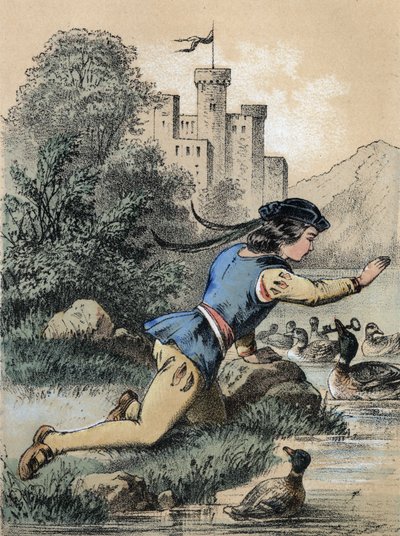 Illustrasjon av Franz Hoffmanns fortellinger "" Tales et Fables - Les 3 princes"": En prins som mottar en nøkkel fra en and. Kromolitografi fra 1800-tallet. av Unknown artist