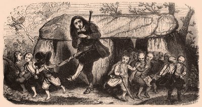 Illustrasjon av en legende etter bretonske tradisjoner: den laotiske sekkepipespilleren og nisser som danser foran en dolmen av Unknown
