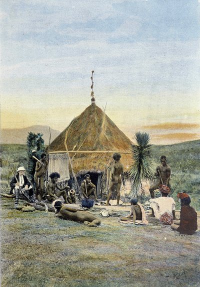 Illustrasjon av en telegrafleir nær Uarai i Ny-Caledonia. av Unknown artist