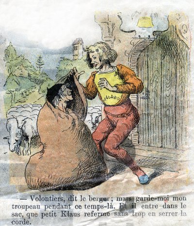 Illustration of the late 19th century for the tale by Hans Christian Andersen (1805-1875) “Grand Claus and Little Claus” (Klaus).Private collection. av Unknown artist