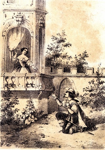 Illustrasjon av sangen "The King made the drum beat"": en mann som erklærte sin kjærlighet til en kvinne ved vinduet hans. sd. av Unknown artist