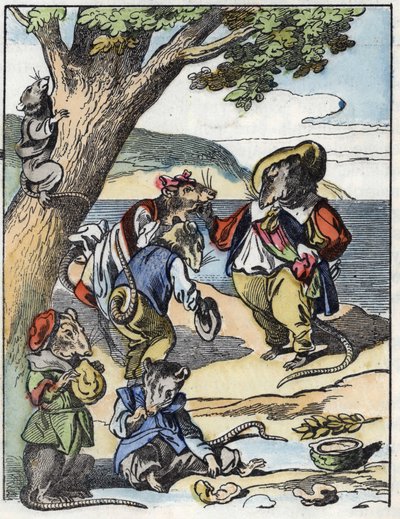 Illustrasjon av eventyret "Den forferdelige Raminagrobis og musene""" tegner fabler av Jean de la Fontaine. I "" Fortellinger fra hjemmet for de minste"". Anonym gravering fra 1800-tallet. av Unknown artist