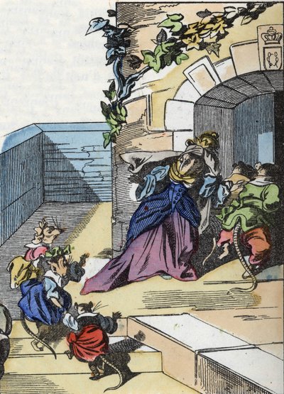 Illustration of the tale “The terrible Raminagrobis and the mice””” character draws fables by Jean de la Fontaine. In “” Tales from the home for the little ones””. Anonymous engraving of the 19th century. av Unknown artist