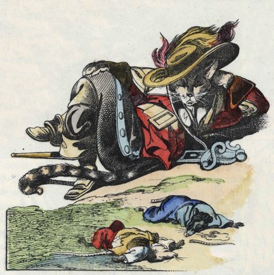 Illustrasjon av eventyret "Den forferdelige Raminagrobis og musene""" tegner fabler av Jean de la Fontaine. I "" Fortellinger fra hjemmet for de minste"". Anonym gravering fra 1800-tallet. av Unknown artist