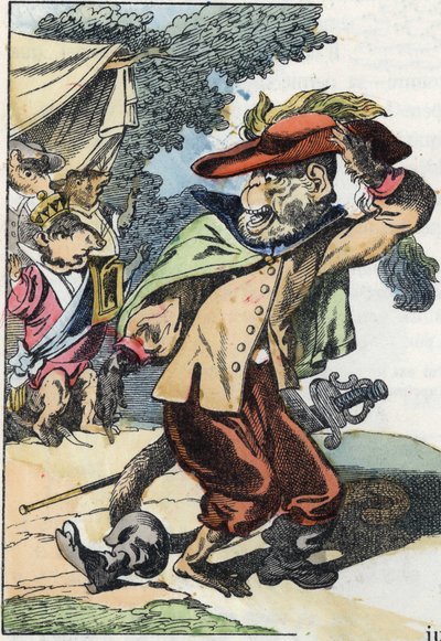 Illustrasjon av eventyret "Den forferdelige Raminagrobis og musene""" tegner fabler av Jean de la Fontaine. I "" Fortellinger fra hjemmet for de minste"". Anonym gravering fra 1800-tallet. av Unknown artist