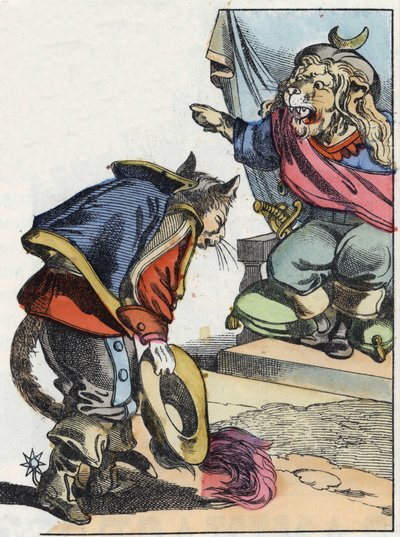 Illustrasjon av eventyret "Den forferdelige Raminagrobis og musene""" tegner fabler av Jean de la Fontaine. I "" Fortellinger fra hjemmet for de minste"". Anonym gravering fra 1800-tallet. av Unknown artist