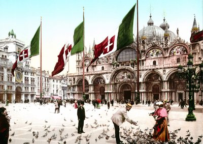 Illustrasjon som representerer Markusplassen i Venezia. Fotokrom fra slutten av 1800-tallet. av Unknown artist