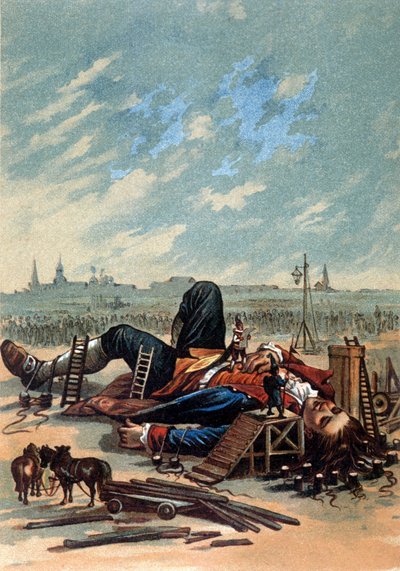 Illustrasjon som viser Lilliputians som fester Gulliver. Kromolitografi, sd. Sent på 1800-tallet. av Unknown artist
