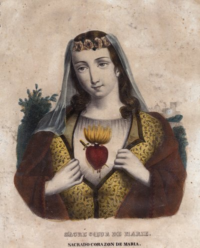 Marias Immaculate Heart - Religiøst bilde av Marias hellige hjerte - gravering fra 1800-tallet - Sagrado corazon av Maria - Inmaculado Corazon av Maria - av Unknown artist