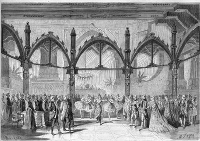Imperial Theatre of the Comic Opera: Scene IV, Act II av operaen "The First Day of Happiness"" av Daniel Francois Esprit Auber (1782-1871). Gravering i "" The Illustrious Universe"" av Unknown artist