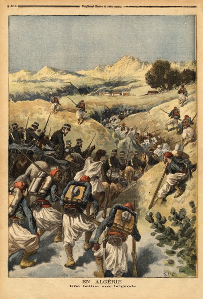 I Algerie, en bataljon organisert av en hel bataljon av Zouaves, forsterket av kavaleriet, for å fange Areski ben Bashir, tre ganger dømt til døden av domstolen i Alger. Gravering i "" Le petit journal"" 23.12.1893. Selvas samling. av Unknown artist