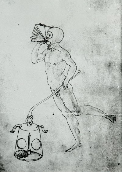 I et bind av Francesco di Giorgio vises denne tegningen som viser en belg for å puste under vann av Unknown artist