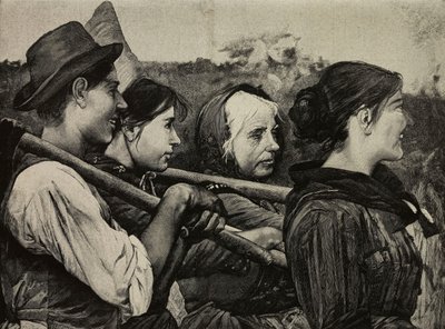 I markene, maleri av Egisto Ferroni (1835–1912), gravering av F. Cantagalli fra et fotografi av G. Brogi fra L#39;Illustrazione Italiana, år XXI, nr. 9, 4. mars av Unknown Artist