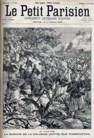 I de franske koloniene: marsj av kolonnen til general Joseph Joffre (1852-1931) og hans hær av spahis på Timbuktu (Mali). Gravering i "" Le Parisien"" av Unknown artist