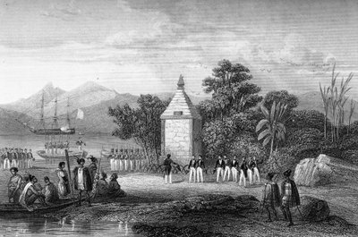 Innvielse av kaptein Durville av monumentet til ære for den franske navigatøren Jean-Francois Galaup, greve av La Perouse (Jean Francois Laperouse av Unknown artist