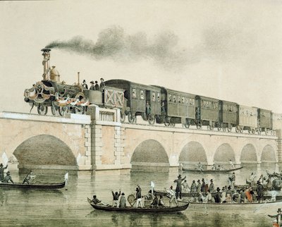 Innvielse av broen over lagunen i Venezia for å forbinde byen med kontinentet (litografi av Unknown artist