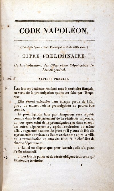 Incipit av Napoleon-koden (Sivil Code). av Unknown artist