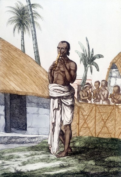 Indisk kultur og sivilisasjon: musiker som spiller bansuri-fløyte, tradisjonelt musikkinstrument, India. Gravering 1808. av Unknown artist