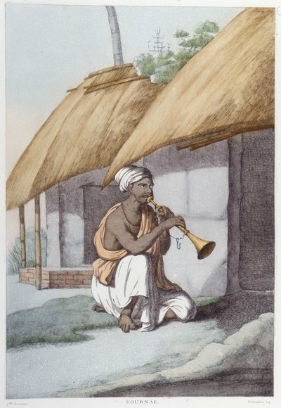 Indisk kultur, sivilisasjon og samfunn: musiker med tradisjonell indisk fløyte. Gravering fra 1808. av Unknown artist