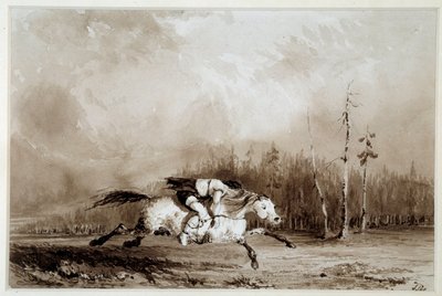 Indian of America: "" En hest i galopp og bærer en mann bundet opp"" Anonym tegning. La Rochelle fra 1800-tallet, Musee du Nouveau Monde av Unknown artist