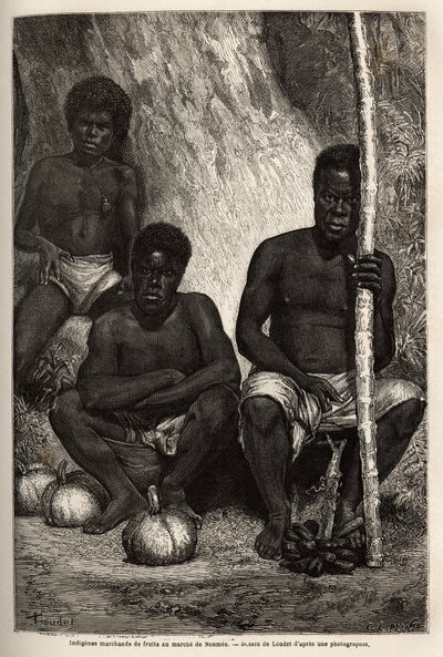 Indigenes frukthandler, på markedet i Noumea (Ny-Caledonia). Gravering for å illustrere reisen til Ny-Caledonia fra 1863 til 1866, av Jules Garnier, sivilingeniør for gruver, i "Le tour du monde, nouveau journal des voyages" publisert under dire av Unknown artist
