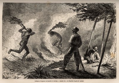 Innfødte kanaker antente en savanneild, som de selv tente for å jakte på mygg, foran øynene til fortelleren og hans reisefølge. Gravering for å illustrere reisen til Ny-Caledonia fra 1863 til 1866, av Jules Garnier, sivilingeniør ved av Unknown artist