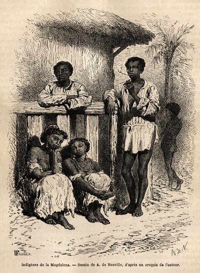 Urbefolkningen i Magdalena (elver), i gatene i byen Mompox (Colombia). Gravering for å illustrere reisen til New Granada, av Dr. Saffray, i 1869, publisert i "" Le tour du monde""" 1872, redigert av Edouard Charton, utgave Hachette, av Unknown artist