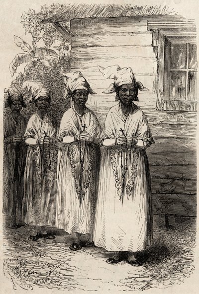 Urfolkskvinner i Guyana, ved den katolske prosesjonen til Fete Dieu. Gravering for å illustrere reisen i Fransk Guyana i 1862-1863, av Frederic Bouyer, kaptein på fregatt, i "" Le tour du monde, nouveau journal des voyages", utgitt under dir. av Unknown artist