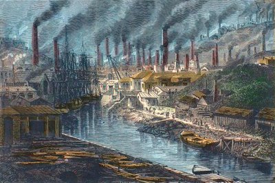 Industriell revolusjon - industriell revolusjon: Oversikt over Mr. Vivians kobberfabrikk i Swansea, Wales - Storbritannia (Wales) - Storbritannia av Unknown artist